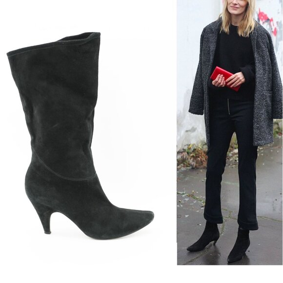 Vintage 90s Kitten Heel Sz. 7.5 Pointed Toe Black Suede Ankle Slouch Booties - Picture 1 of 8